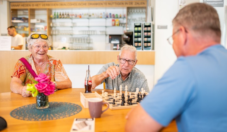Twee mannen zijn aan het schaken en een vrouw kijkt toe.