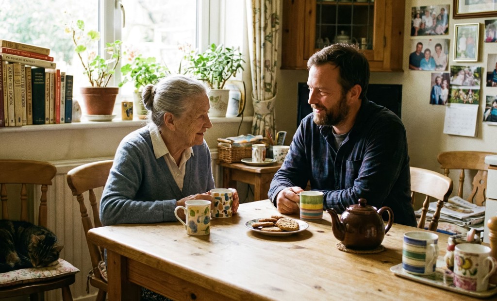 Man en een oudere vrouw zitten aan tafel en zijn met elkaar in gesprek