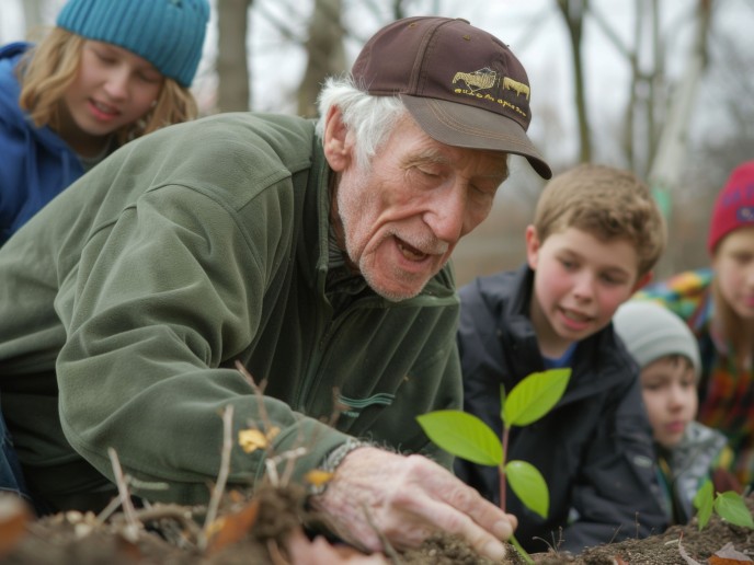 Oudere man met petje op plant een plantje met kinderen erbij.