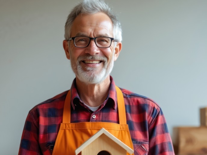 Man lacht en heeft vogelhuisje in zijn hand.