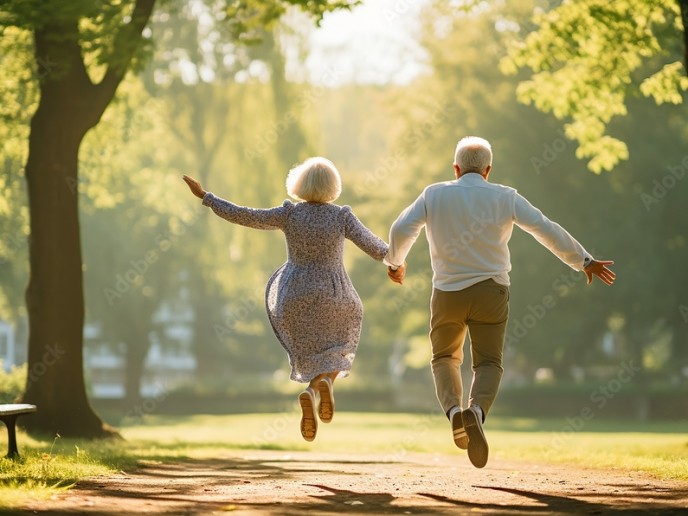 Twee oudere mensen rennen hand in hand.