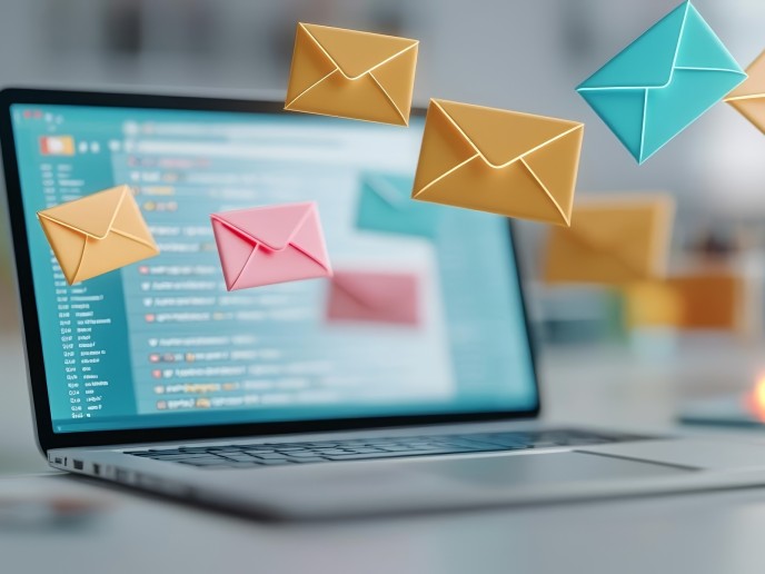 Laptop met allerlei envelopjes door het beeld om aan te geven dat er mail is.