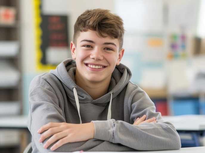Jongen met elkaar over elkaar en glimlach op zijn gezicht